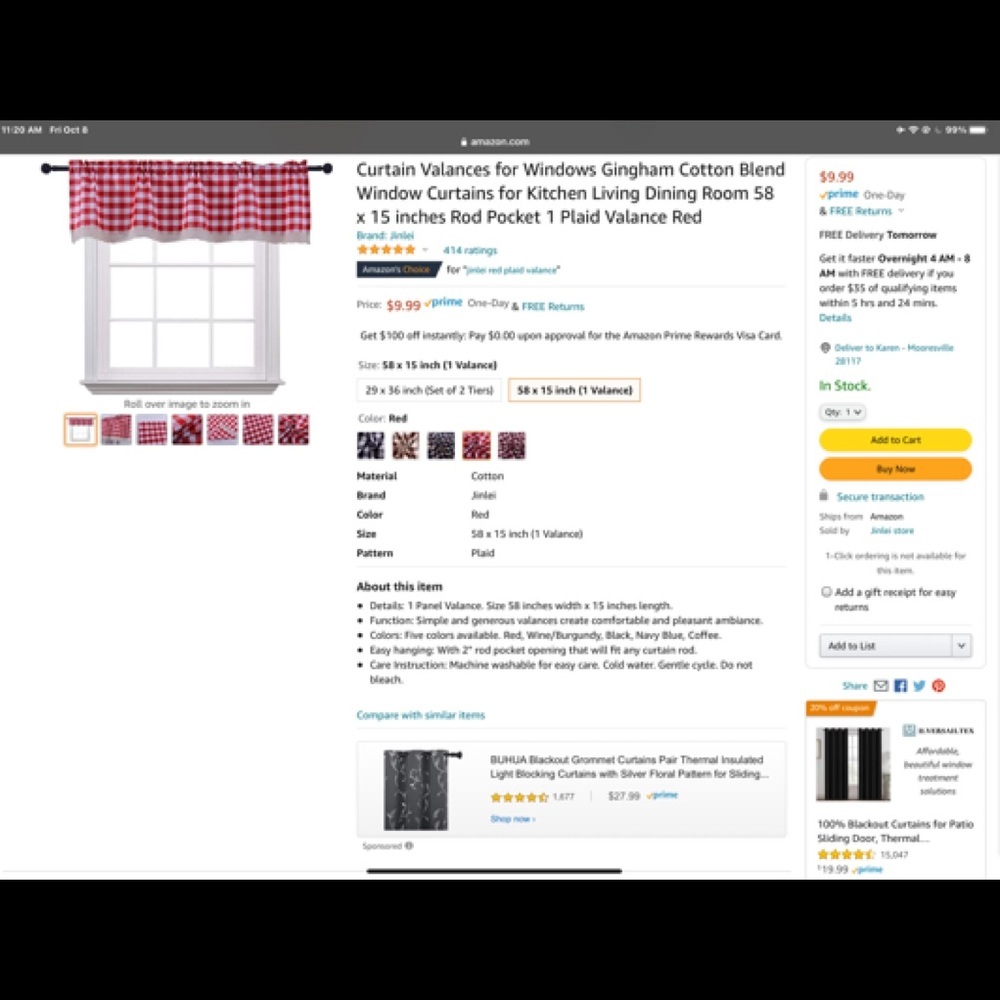 Set of 4 Pocket Window Valances 58”x15” in Red Gingham Pattern